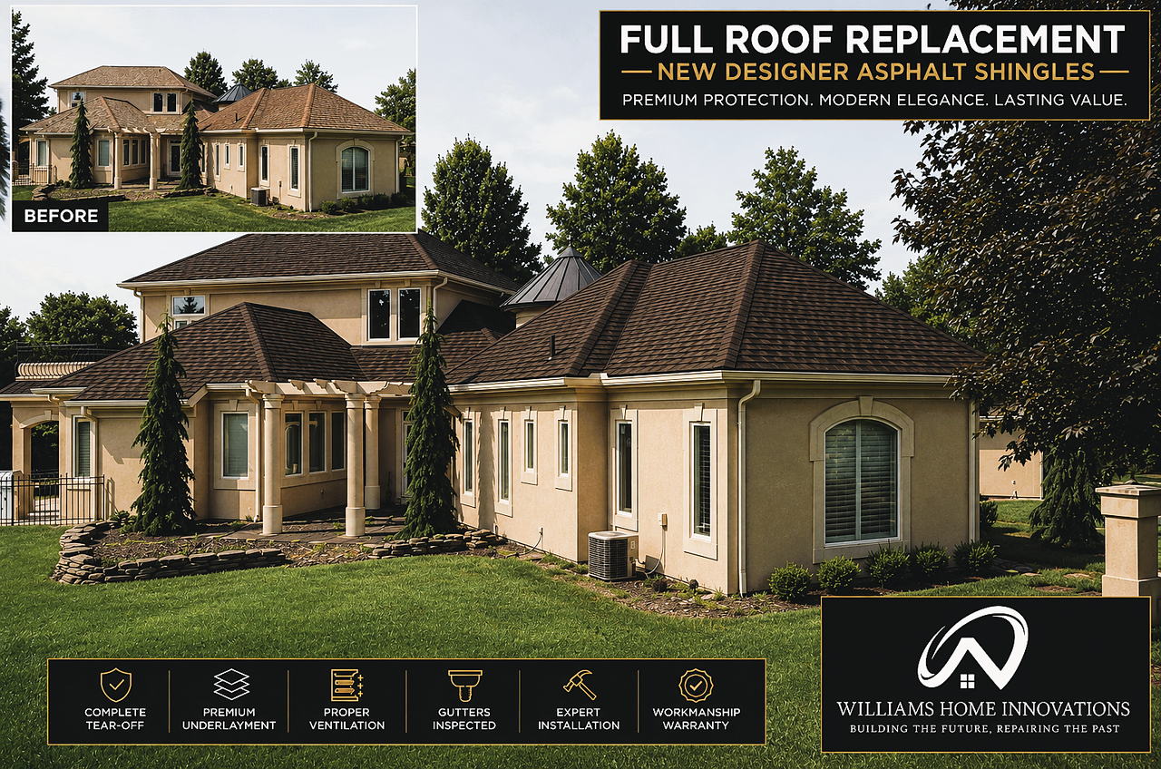 Full roof replacement completed under an insurance claim by Williams Home Innovations