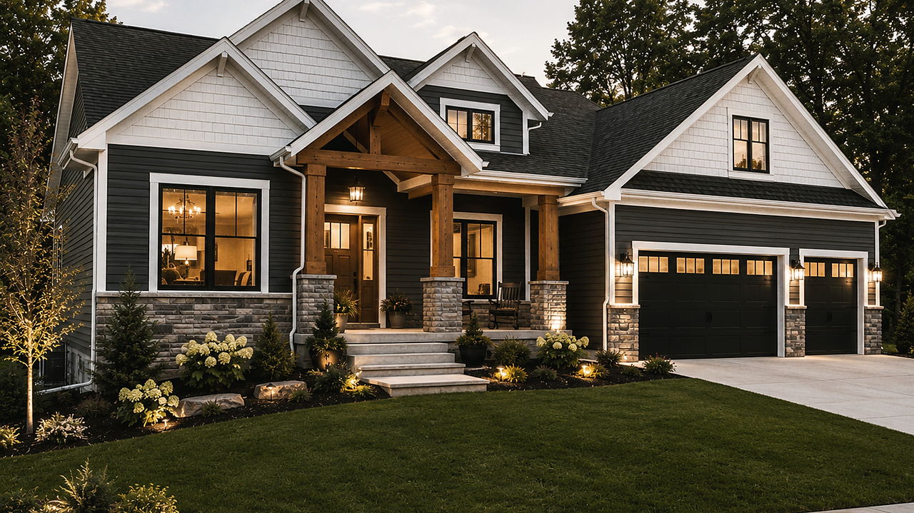 Completed exterior remodel on a Northeast Ohio home at dusk