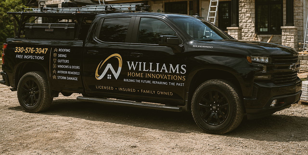 The Williams Home Innovations truck parked in the drive of a stone-and-shingle luxury home in Northeast Ohio